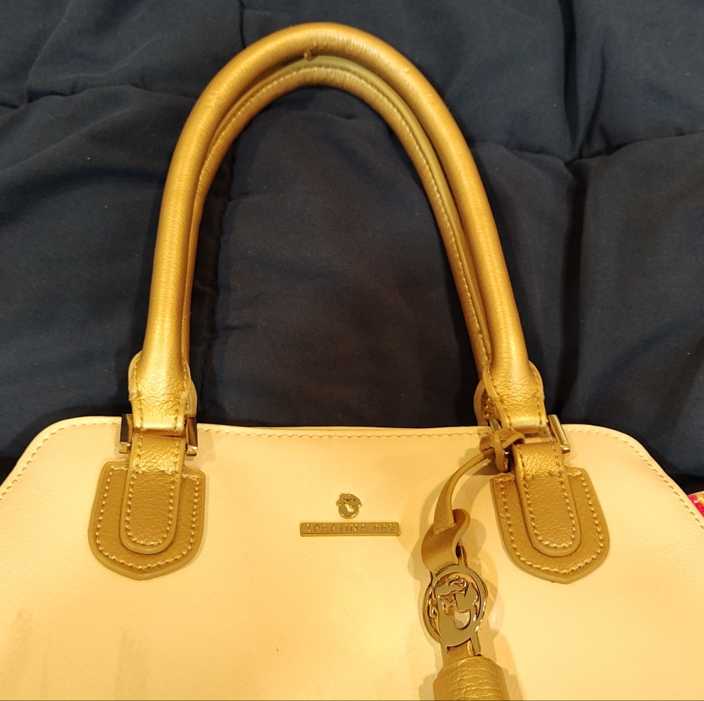 Spartina 449 Large Genuine Leather Tropical Ivory & Gold Shoulder Bag Handbag - Picture 4 of 14